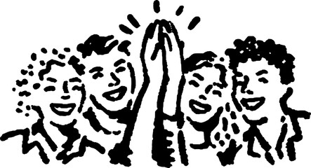 Group of people celebrating together with raised hands and joyful expressions. Simple vector illustration representing unity and support.