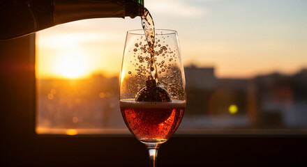 Creative Christmas concept. Champagne pouring into glass with black bauble inside against golden sunset window. Surreal holiday party drink and New Year celebration