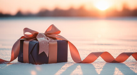 Luxury gift box with satin ribbon on snow during golden hour. Romantic Christmas or Valentine present background with copy space
