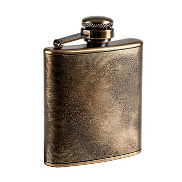 Antique brass hip flask with fingerprint texture isolated on transparent background