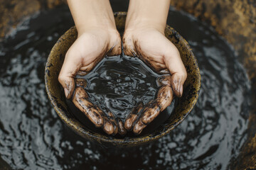 oil hands are folded in a bowl of oil. Oil spill. Environmental pollution. an environmental disaster.