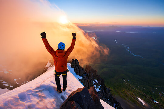 Adventurous hiker celebrates reaching mountain summit at sunrise with arms raised