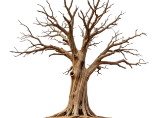 Bare tree with twisted branches and trunk isolated on transparent background