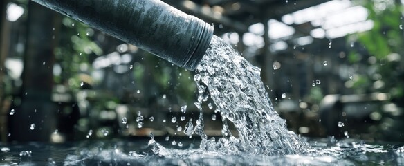 The Water Flowing From An Industrial Metal Pipe Into A Calm Reflective Pool