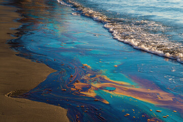 Petroleum spill mixed with other chemical substances on sea and sand surface