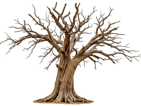 Bare tree with twisted branches and textured bark isolated on transparent background