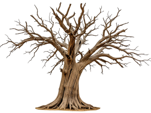 Bare tree with twisted branches and textured bark isolated on transparent background
