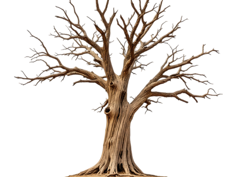 Bare tree with twisted branches and trunk isolated on transparent background