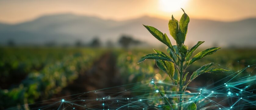 The Young Plant in Agricultural Field with Digital Network Overlay at Sunrise