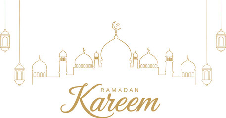 Ramadan Kareem greeting&mdash;gold mosque skyline with crescent moon, star, and hanging lanterns in minimalist line art 