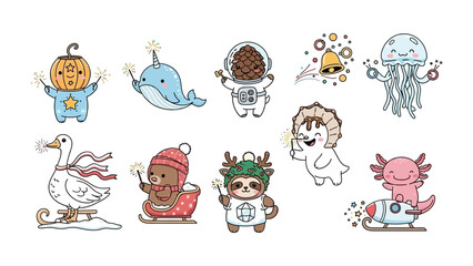 Fototapeta premium Whimsical Character Collection: A delightful collection of playful and charming characters in various festive attire. The illustrations are designed with soft colors and inviting forms.