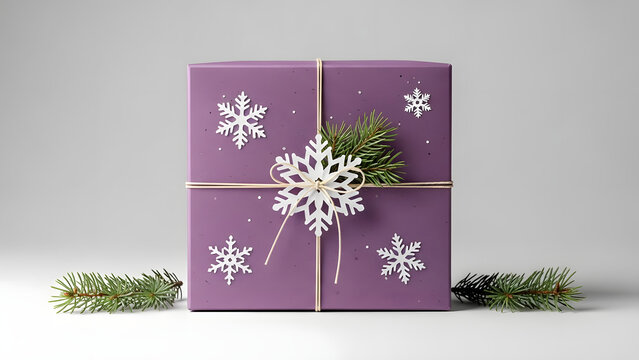 Festive purple gift box adorned with snowflakes and evergreen sprigs