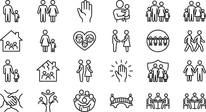 Family, Community, and Relationship Outline Icon Set, Representing Parenthood, Love, Unity, Social Care, Adoption, and Support, Vector Editable Stroke