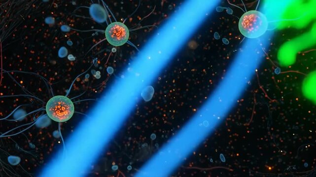 Microscopic cellular interaction glowing neon energy transfer between diverse biological entities 4K Ai HD high quality video.
