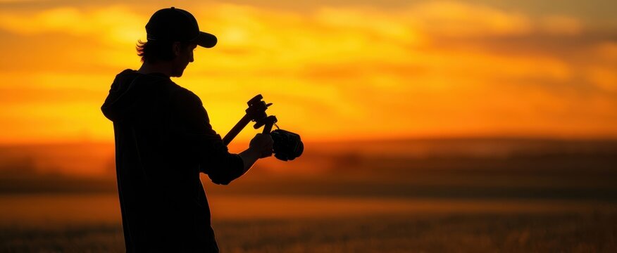 The Photographer Silhouette Adjusting Camera on Beach at Golden Sunset