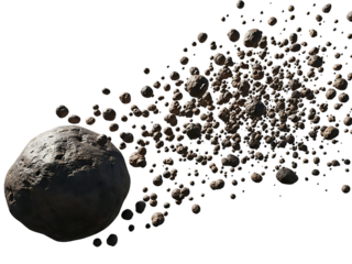 Asteroid field with large space rock isolated on transparent background