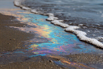 Petroleum spill mixed with other chemical substances on sea and sand surface