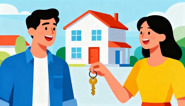 A joyful couple exchanges keys in front of a house, symbolizing home ownership and new beginnings.