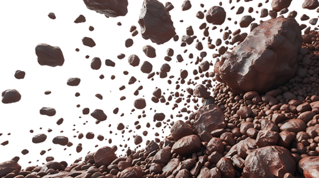Asteroid field in deep space with scattered rocks isolated on transparent background