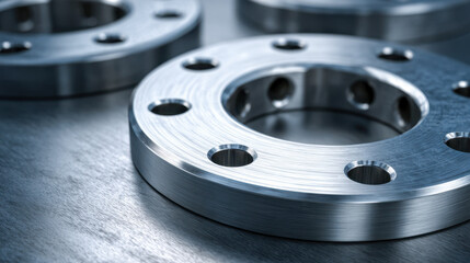 Precision engineered metal flange components with polished surfaces and drilled bolt holes arranged on a metallic textured background for industrial use