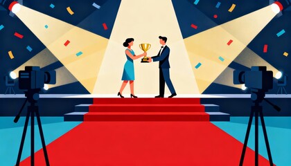 A vibrant illustration of a trophy presentation on stage, featuring two individuals receiving an award under bright spotlights with cameras capturing the moment.