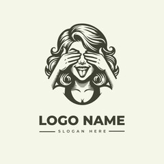 Fototapeta premium Vector logo illustration of a playful woman covering her eyes, a vintage engraving style design with a fun expression. 130