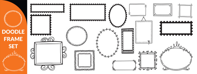 Doodle frame set, vector hand drawn stamp border, vintage abstract wavy post stamp simple design. Blue decorative rectangle label, empty banner shape collection. Coastal retro postmark doodle big set 
