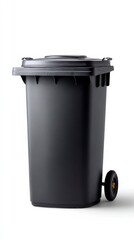 Garbage Can: A sleek, black garbage can stands isolated, its form and functionality emphasizing its role in waste management.