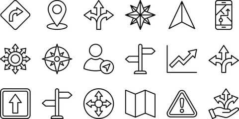 Navigation and direction icons set, GPS mapping, location pin, road signs, compass star, user journey, and decision making vector line art collection