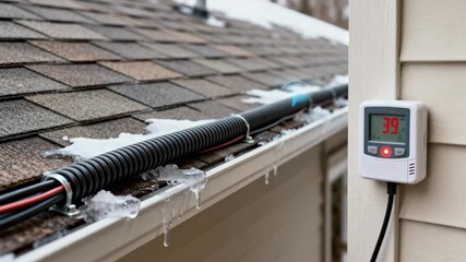 Medium shot capturing the setup of a thermostatcontrolled heat cable system highlighting automated protection against ice formation on the roof.