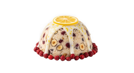 Festive dome shaped dessert with berries and citrus slice