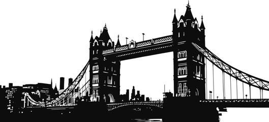 Obraz premium High-Definition Solid Black Silhouette of a The Tower Bridge London,UK Bridge with Perfect Proportions and Sharp Edges black and white with white background 
