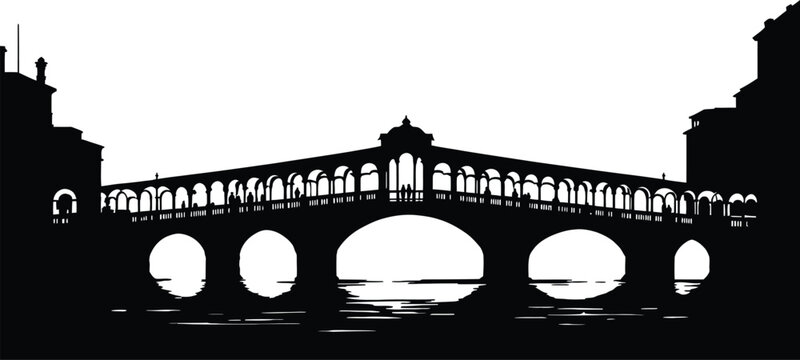 High-Definition Solid Black Silhouette of a Ponte di Rialto Bridge with Perfect Proportions and Sharp Edges black and white with white background