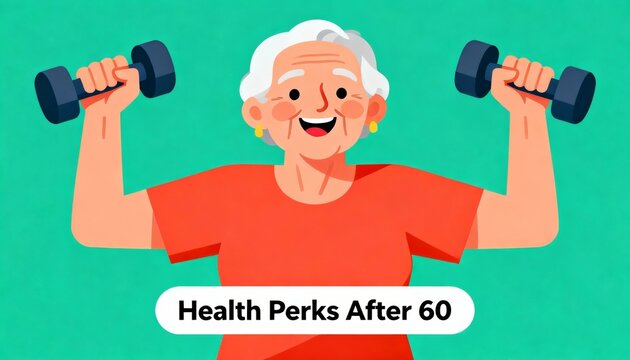 An elderly woman joyfully lifting dumbbells, showcasing strength and vitality, with a cheerful expression against a vibrant background.