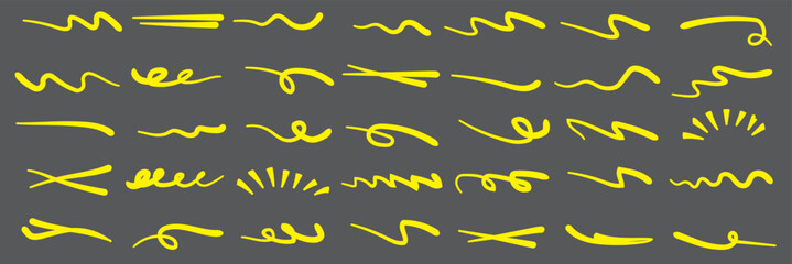 Hand drawn marker strokes set. Yellow paint brush lines, underlines and squiggles. Creative highlighter collection for graphic design. Ink doodle & scribble elements vector. Dark Background. EPS 10.