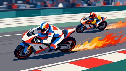 This vibrant illustration depicts a high-speed motorcycle race on a curving track, with colorful bikes and riders competing near the checkered finish line, while spectators watch from the sidelines. © Canis
