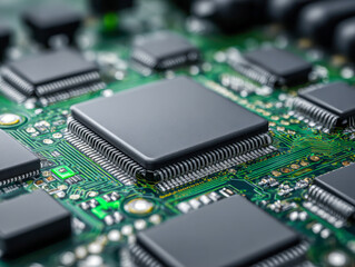 Detailed view of a green printed circuit board featuring multiple integrated microchips and complex electronic connections in a technology close-up