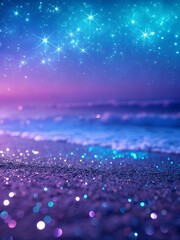 Sparkling beach at night with stars and ocean waves in dreamy purple hues