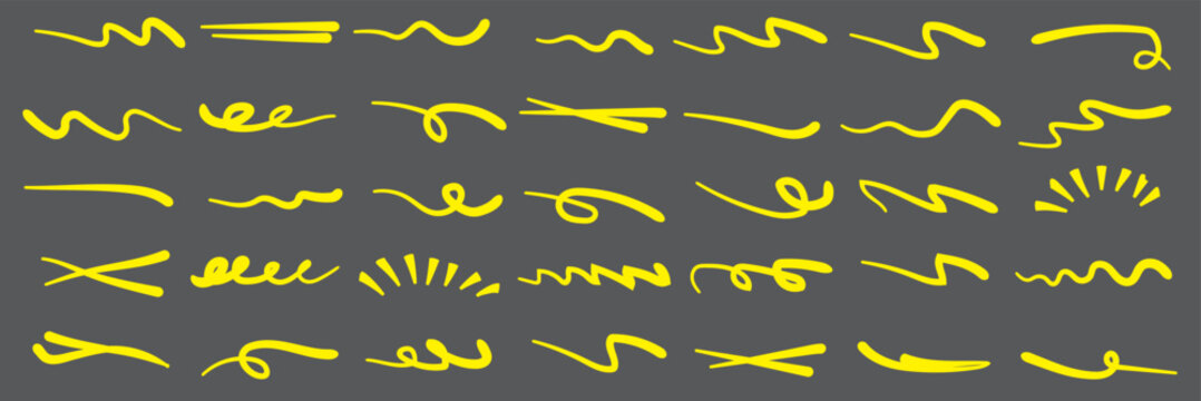 Hand drawn marker strokes set. Yellow paint brush lines, underlines and squiggles. Creative highlighter collection for graphic design. Ink doodle & scribble elements vector. Dark Background. EPS 10.