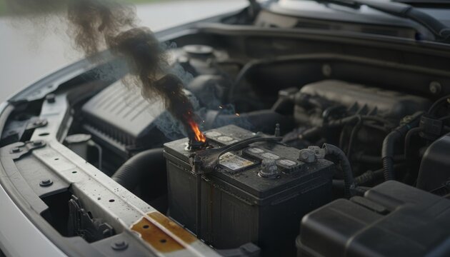 A car battery smokes and ignites under the hood, indicating a potential electrical failure or malfunction.