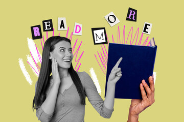 Naklejka premium Image trend collage of person use demonstrate with text read more above on yellow color background