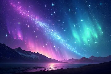 Breathtaking aurora borealis over mountains reflecting in tranquil ocean water