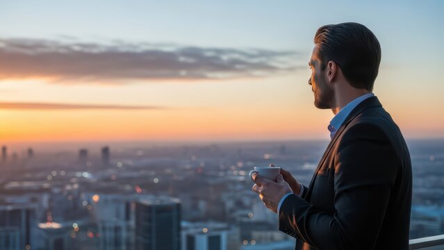 Caucasian male adult enjoys sunrise cityscape with coffee from skyscraper rooftop