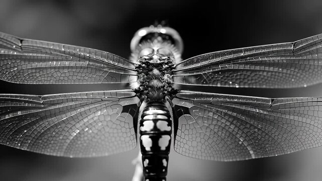 Black and white dragonfly close-up detail with transparent wings, insects, perfect for design