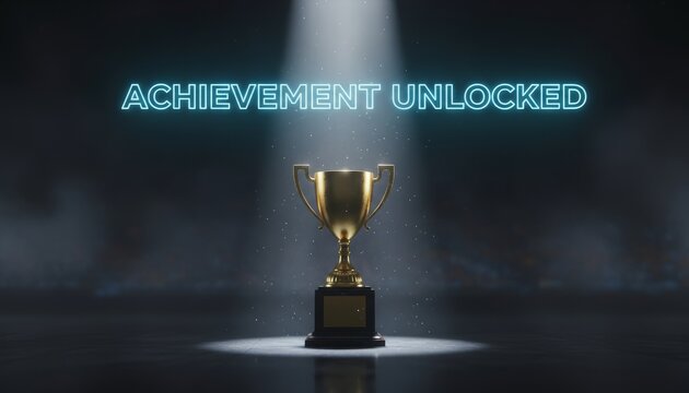 A golden trophy illuminated by a spotlight with the text "ACHIEVEMENT UNLOCKED" above, symbolizing success and recognition.