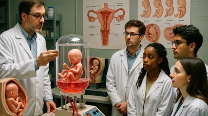 Professors teach a group of medical students using a detailed anatomical model of human embryo. embryology modern. Medical teacher instruct students near precise anatomical model of human embryo,