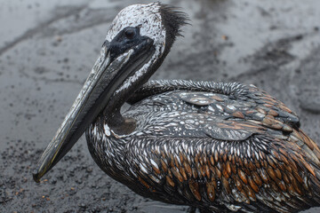 Ocean oil spill harm bird, pelican covered with oil
