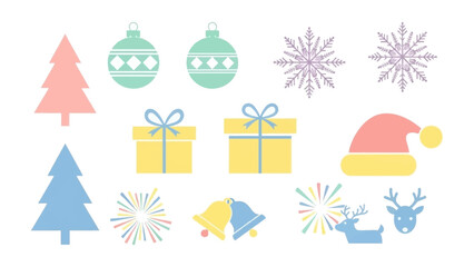 Christmas Ornaments and Symbols: A collection of festive icons, including ornaments, a Christmas tree, gift boxes, snowflake and other elements of holiday cheer.