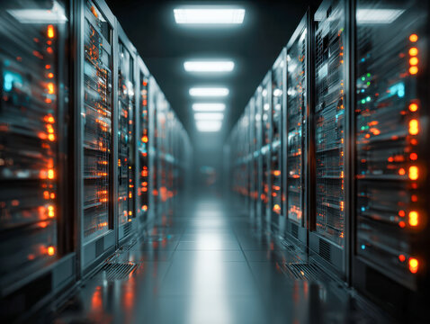 Modern data center hallway with rows of illuminated server racks enhancing high-tech infrastructure and advanced digital storage environment