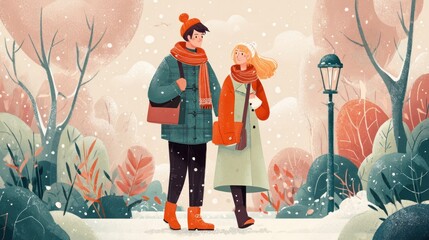 A charming winter scene with a couple walking together, bundled up in warm clothes